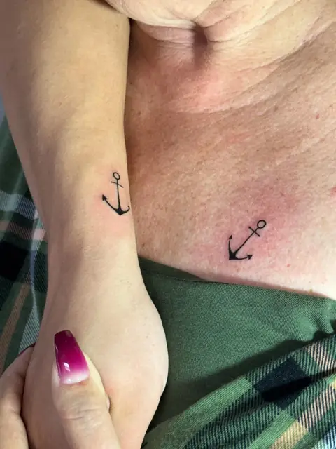Two small matching anchors — one on the wrist, one on the chest.