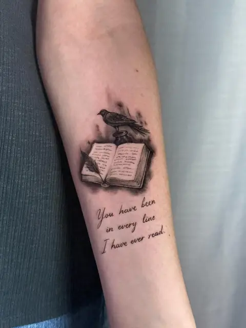 A raven on an open book, and below: “You have been in every line I have ever read.”